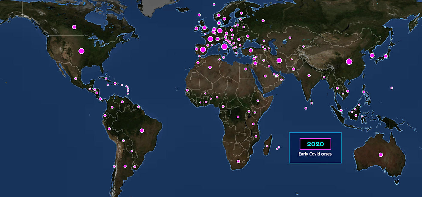 Global Covid pandemic cases, 2020 map
